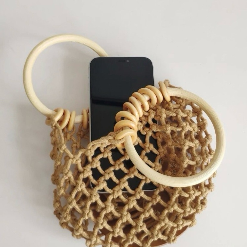 Woven Macramé Ring-Handle Tote Bag in Tan